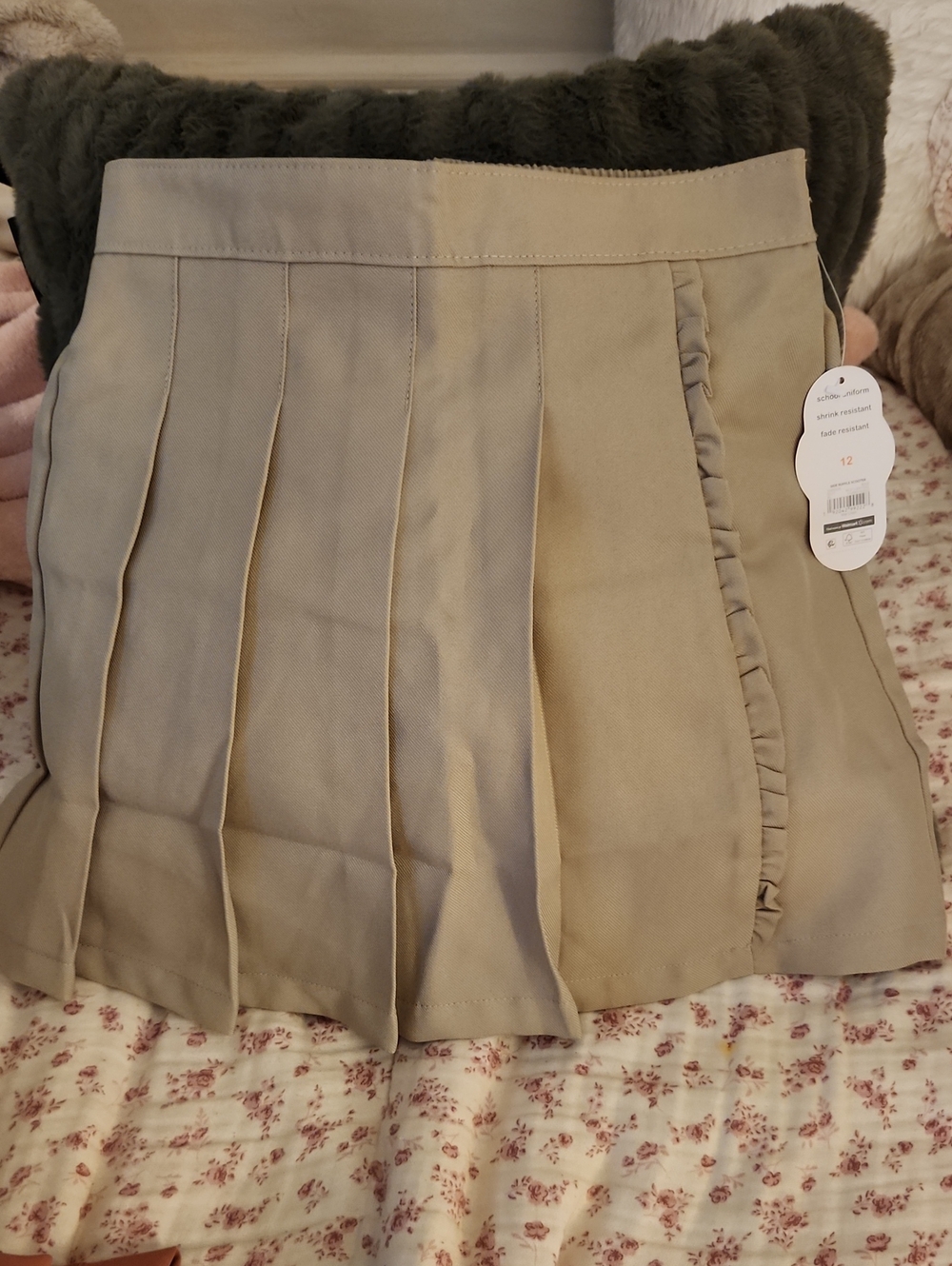 Beige Pleated Girl's Uniform Skirt with Ruffle Trim & Built In Shorts